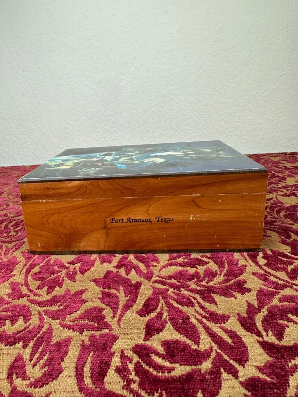 VTG Holographic Foil Howling Wolves Moon Wood Jewelry Souvenir Box Port Aransas